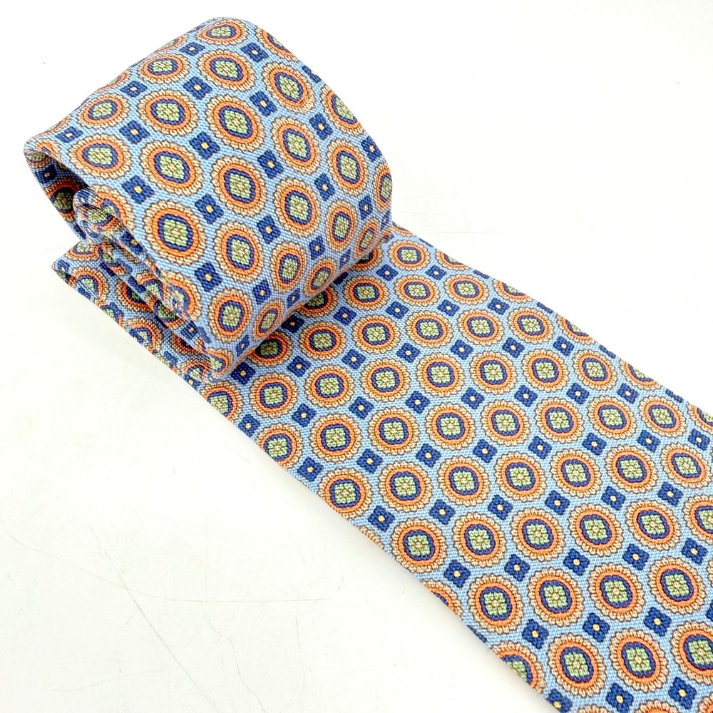 Brooks Brothers Makers Tie Men Blu Orange Geo Medallion Silk USA Italian Fabic